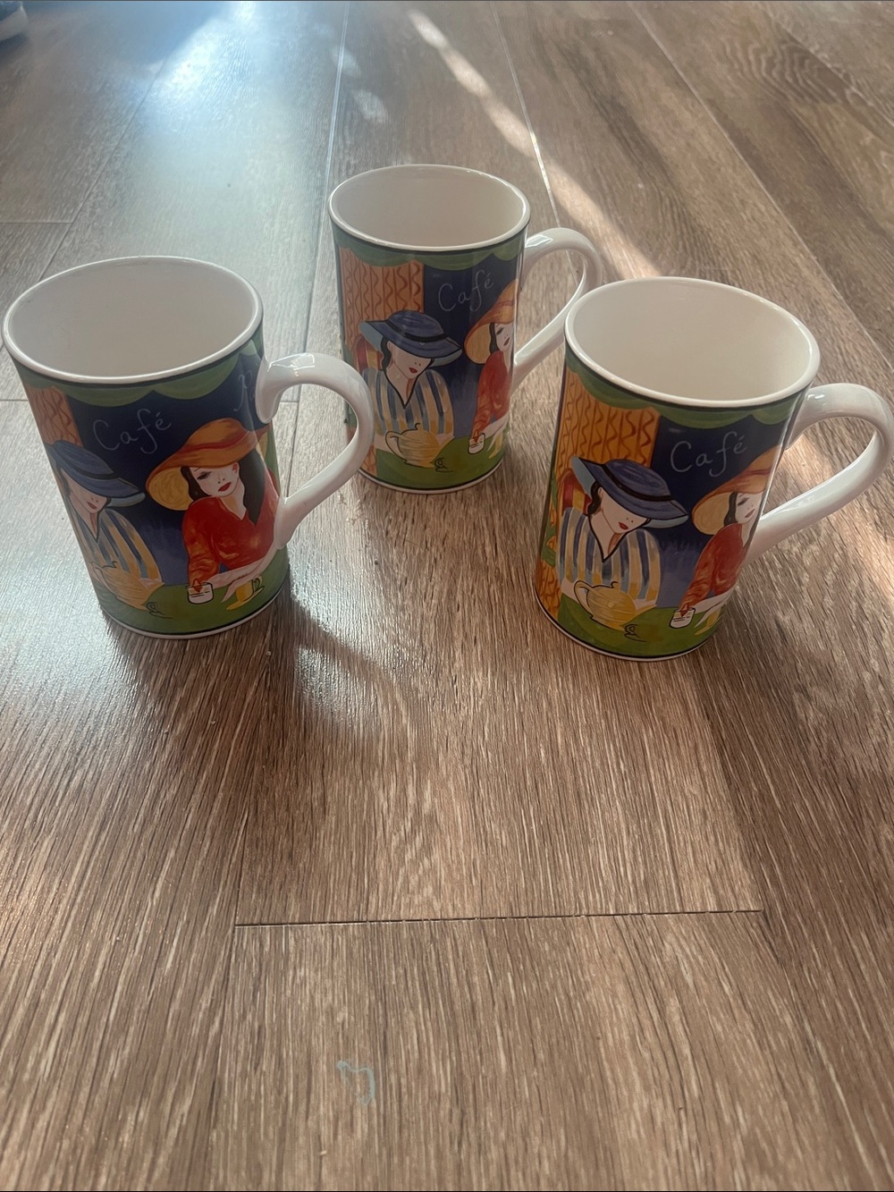 Sango Paris Cafe Ceramic Mugs in Blue, Green, Red Multicolor Set of 3